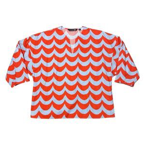 Uniqlo x Marimekko Linen Cotton Blue Orange Scallop Stripe 3/4 Sleeve Blouse, XS